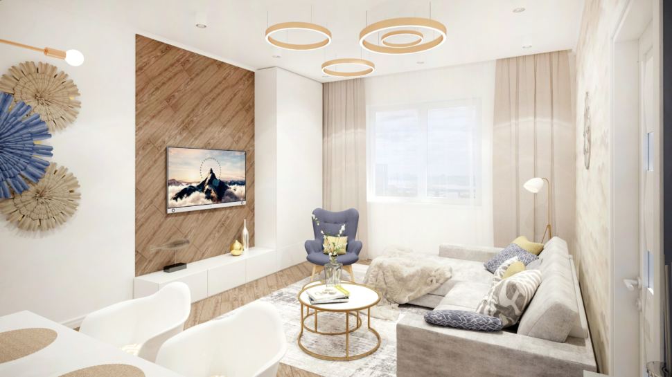 Дизайн-проект гостиной-кухни 40 кв.м в коттедже в древесных тонах в сочетании со сложно-синим оттенком, серый угловой диван, телевизор