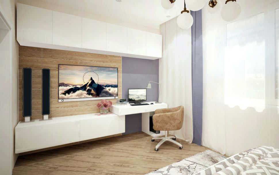 Визуализация гостевой спальни 15 кв.м в коттедже в золотых тонах в сочетании со сложно-синим оттенком, белый шкаф, телевизор, белые полки