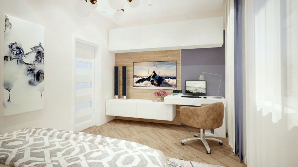 Дизайн интерьера гостевой спальни 15 кв.м в коттедже в золотых тонах в сочетании со сложно-синим оттенком, белый шкаф, люстра