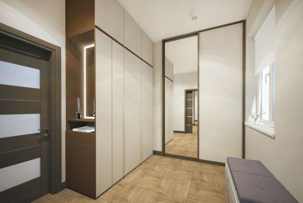 Дизайн интерьера прихожей 8 кв.м в частном доме с серыми оттенками, белая скамья, зеркало, полки,белый шкаф-купе