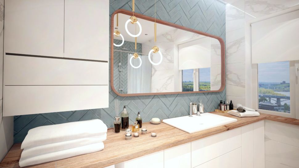 Дизайн интерьера ванной 10 кв.м. в светлых тонах в коттедже с молочными оттенками, стиральная машинка, зеркало, белая тумба, раковина, унитаз