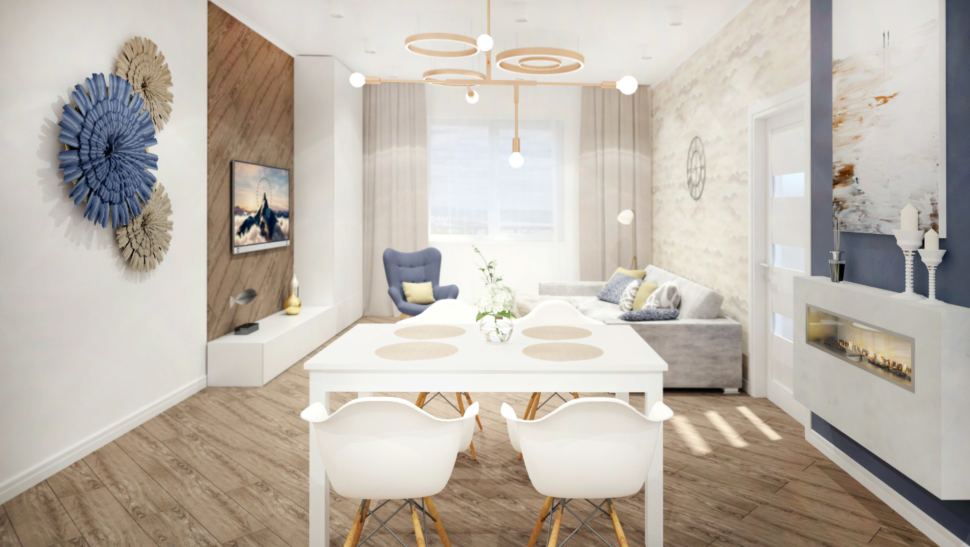 Дизайн-проект гостиной-кухни 40 кв.м в коттедже в шоколадных тонах в сочетании со сложно-синим оттенком, телевизор, часы, кресло
