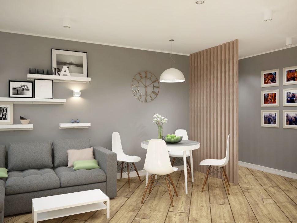 Дизайн-проект гостиной 20 кв.м в современном стиле с серыми оттенками, серый диван, зеленые портьеры, белый обеденный стол