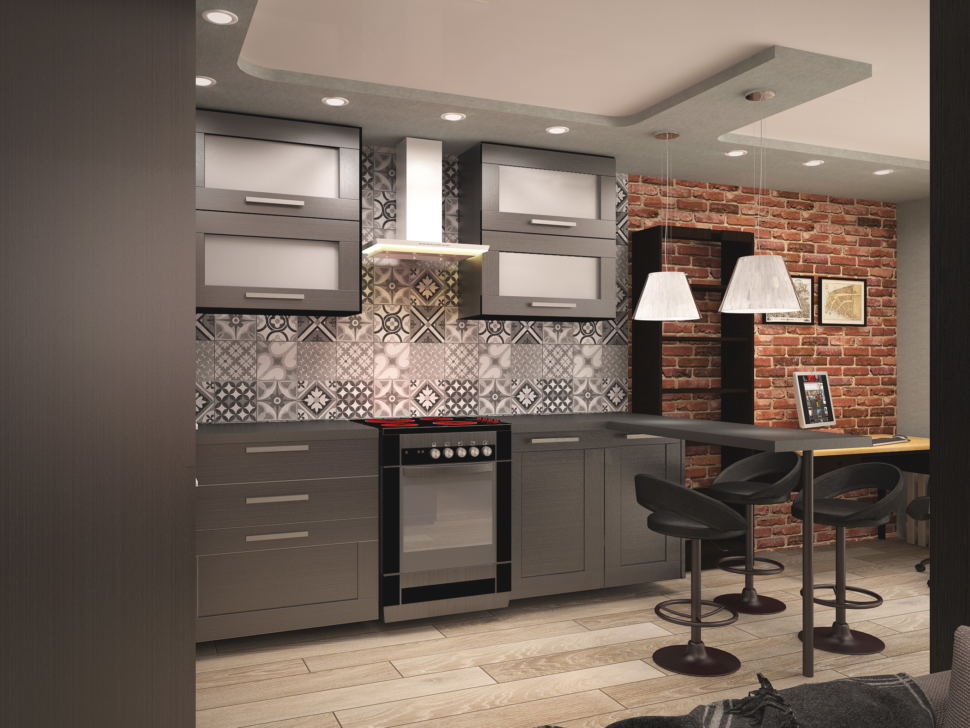 Дизайн-проект кухни-гостиной 14 кв.м в стиле лофт в теплых тонах с темно-кофейными оттенками, серые барные стулья 