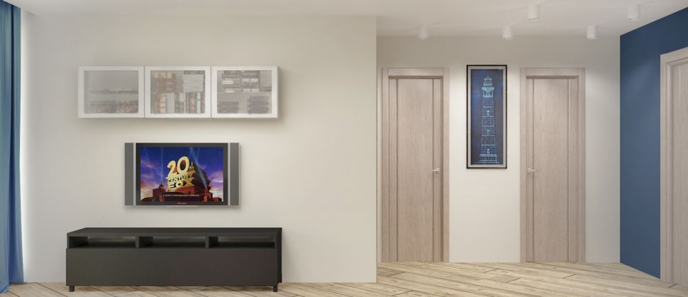 Дизайн интерьера коридора и прихожей 5 кв.м с древесными оттенками и с синими оттенками, плитка, вешалка, кофейная скамья 