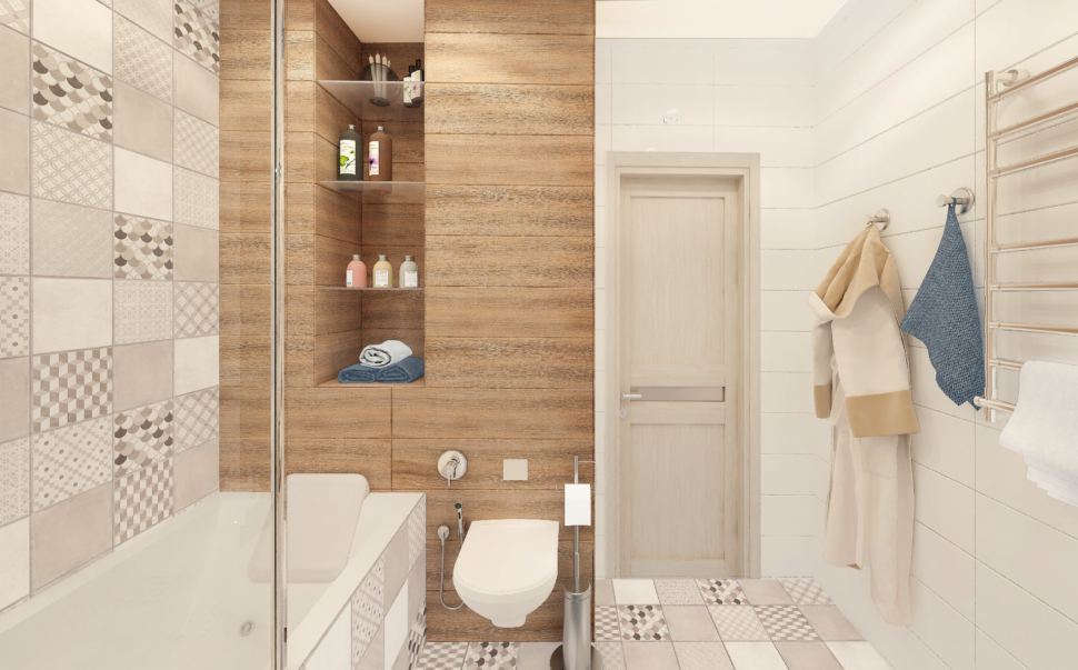 Дизайн-проект санузла 2 кв.м совмещённого с ванной 6 кв.м с бежевыми оттенками, стиральная машинка, бежевый шкаф, зеркало, ванная, тумба