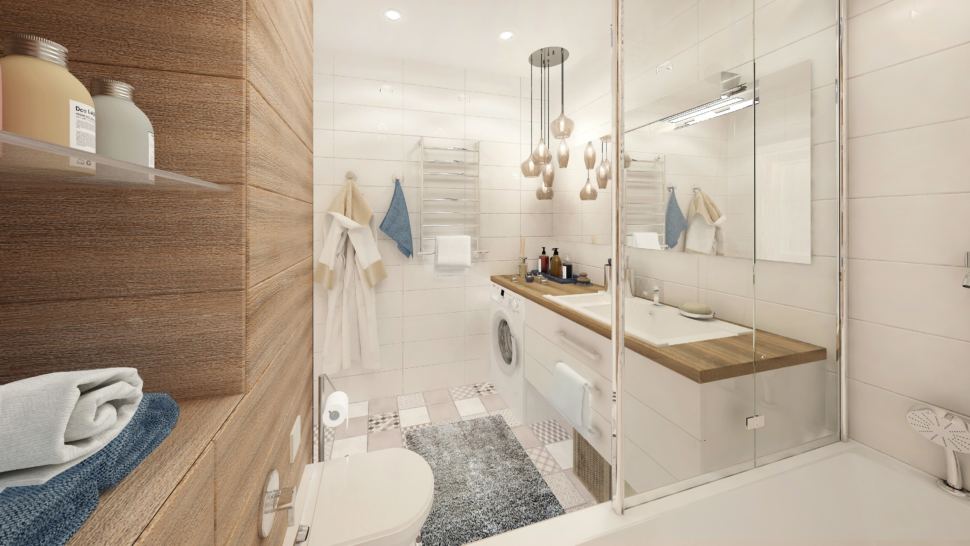 Дизайн-проект ванной комнаты в белых тонах с древесными оттенками 6 кв.м, стиральная машинка, полки, зеркало, подвесная тумба, сушилка