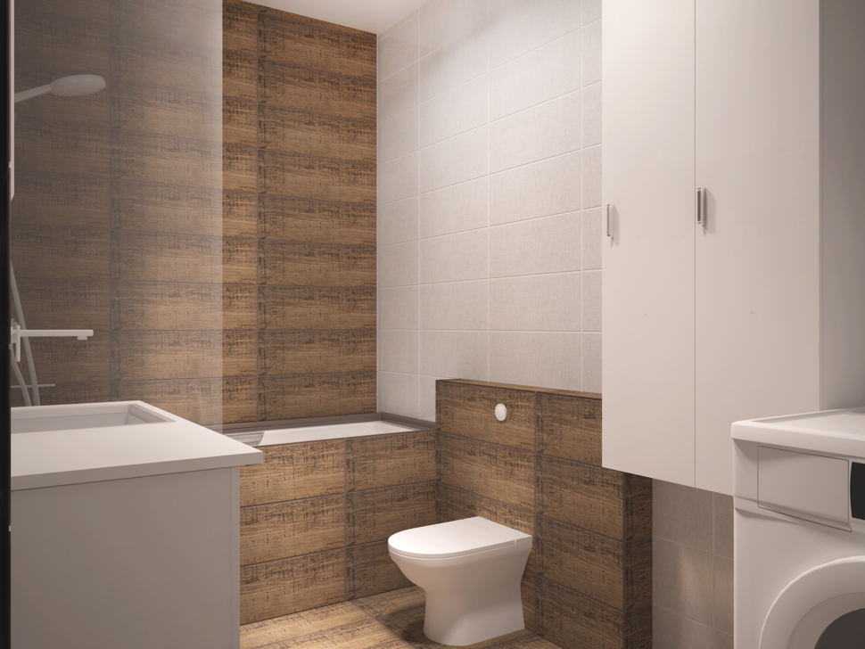 Дизайн интерьера совмещённой ванной комнаты 5 кв.м с белыми оттенками, белый шкаф, белая тумба, унитаз, ванная