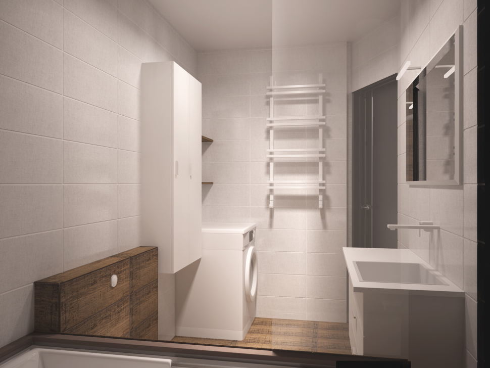 Дизайн интерьера совмещённой ванной комнаты 5 кв.м с белыми оттенками, белый шкаф, белая тумба, унитаз, ванная, зеркало