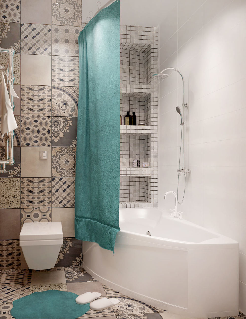 Визуализация совмещённый санузла с ванной 4 кв.м с белыми и серыми оттенками, ванная, зеркало, серая геометрическая плитка, унитаз, раковина 