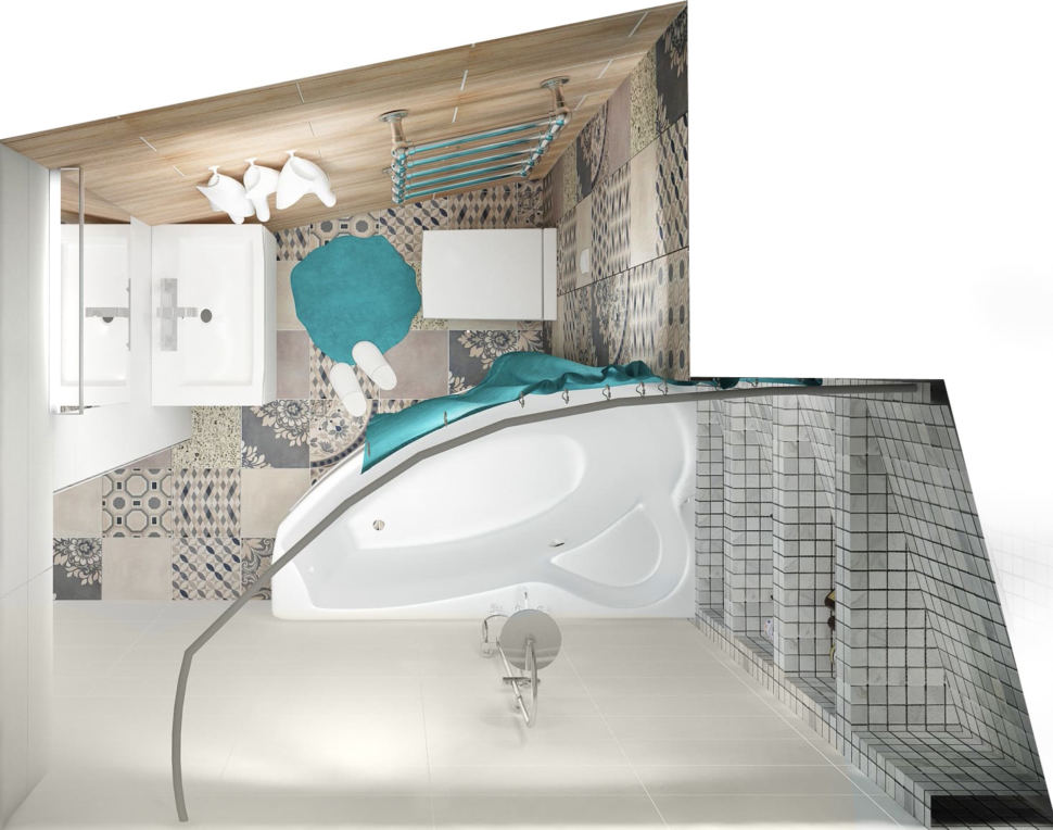 Дизайн интерьера совмещённый санузла с ванной 4 кв.м с бирюзовыми оттенками, ванная, зеркало, серая геометрическая плитка, унитаз 