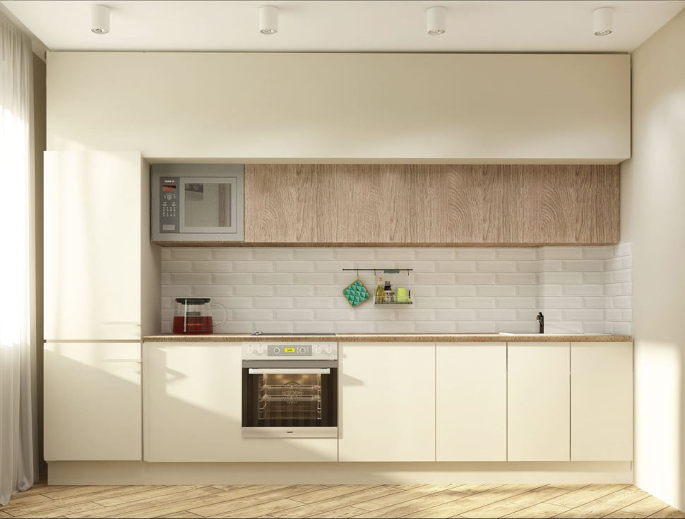 Дизайн-проект кухни 10 кв.м в современном стиле с древесными оттенками, белый кухонный гарнитур, подвесной светильник, духовой шкаф
