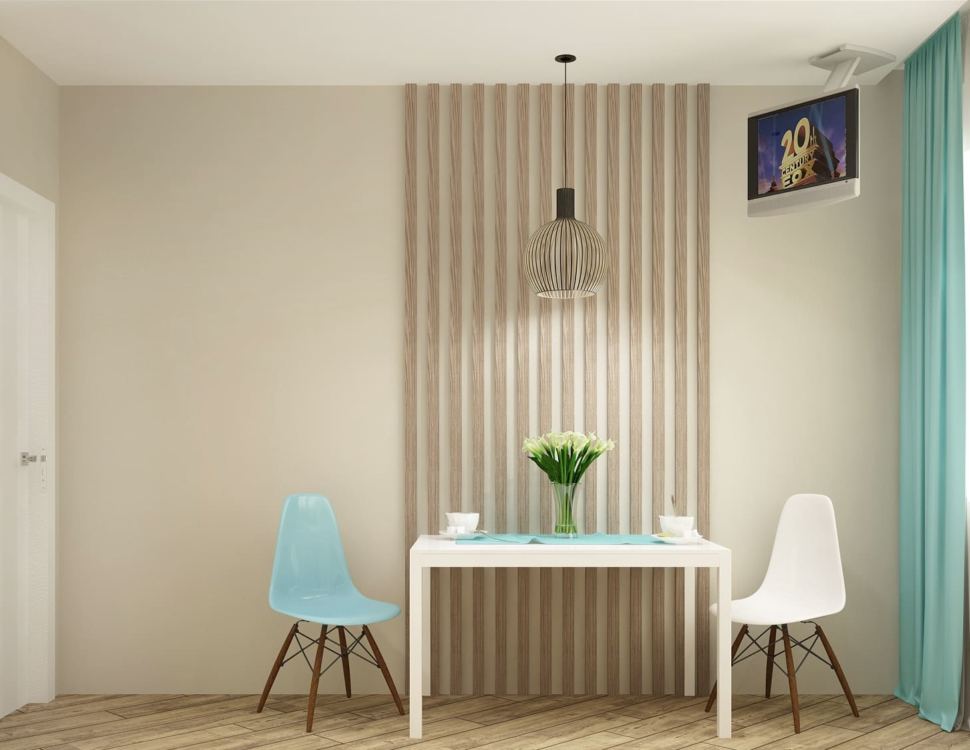 Дизайн интерьера кухни 10 кв.м в современном стиле с бирюзовыми оттенками, белый кухонный гарнитур, подвесной светильник, телевизор, голубой стул