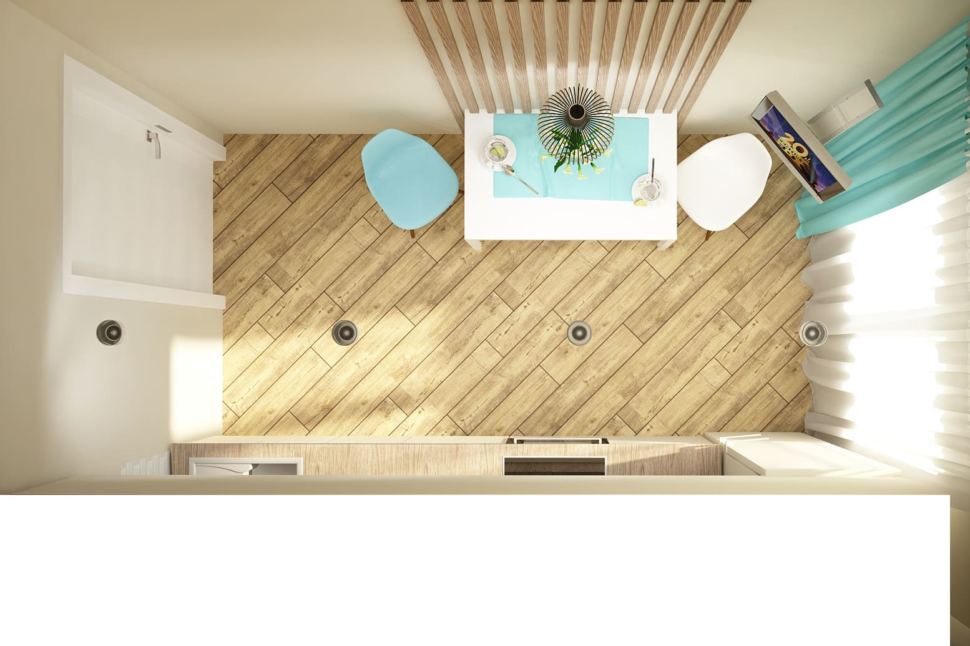Визуализация кухни 10 кв.м в современном стиле с бирюзовыми оттенками, белый кухонный гарнитур, подвесной светильник, белый обеденный стол