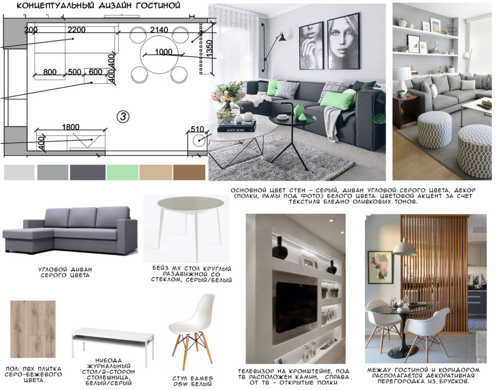 Концептуальный дизайн гостиной в современном стиле 20 кв.м, серый угловой диван, белый журнальный столик, стул, телевизор