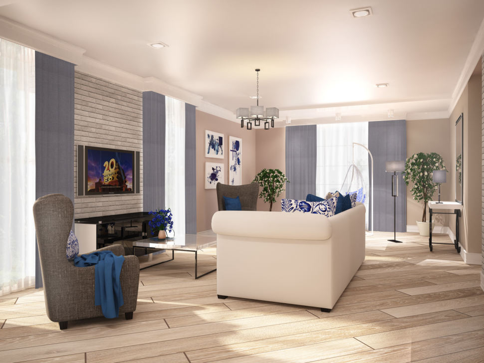 Дизайн гостиной 42 кв.м. с синими акцентами, белый диван, серое кресло, журнальный столик, тумба, телевизор