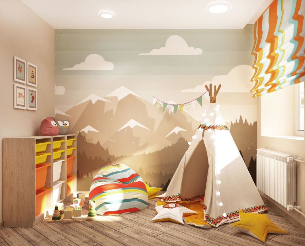 Визуализация детской игровой комнаты 9 кв.м с бирюзовыми оттенками, шведская стенка, кресло мешок, декор, вигвам