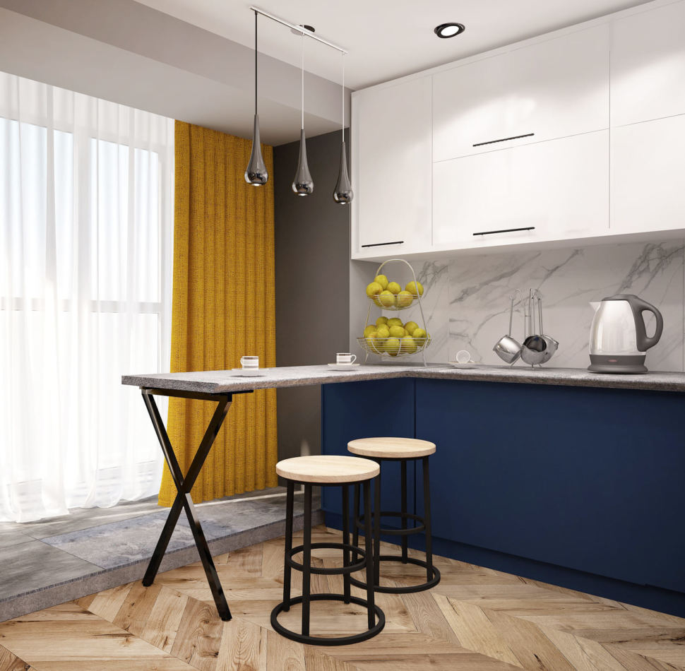 Дизайн интерьера кухни 14 кв.м в синих тонах с древесными оттенками, светильник, желтые шторы, вытяжка, плита