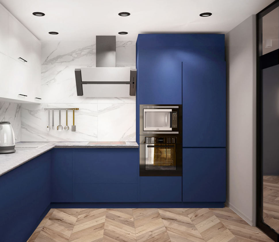 Дизайн-проект кухни 14 кв.м в синих тонах с синими оттенками, светильник, желтые шторы, вытяжка, каменная столешница, плита