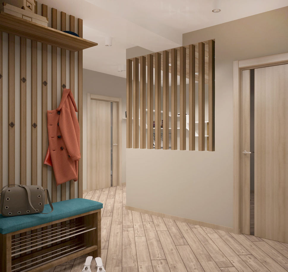 Дизайн-проект прихожей-коридора 7 кв.м в 2-х комнатной квартире с бирюзовыми оттенками, скамья с полкой для обуви под дерево, зеркало