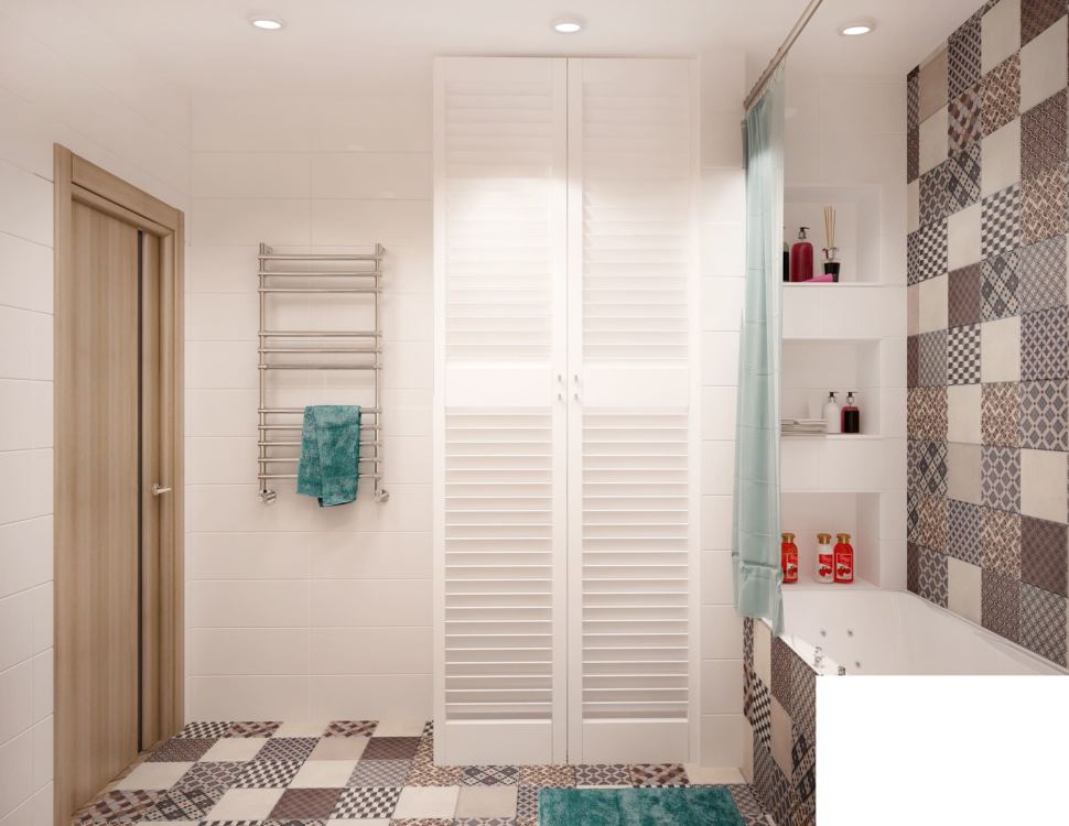 Дизайн-проект ванной 6 кв.м в 2-х комнатной квартире с древесными оттенками, белая ванная, унитаз, геометрическая плитка, зеркало, раковина