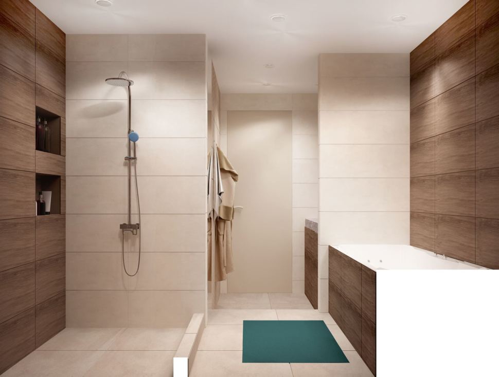 Дизайн-проект ванной 7 кв.м в древесных тонах с белыми оттенками, зеркало, бежевая тумба, сушилка, раковина, ванная
