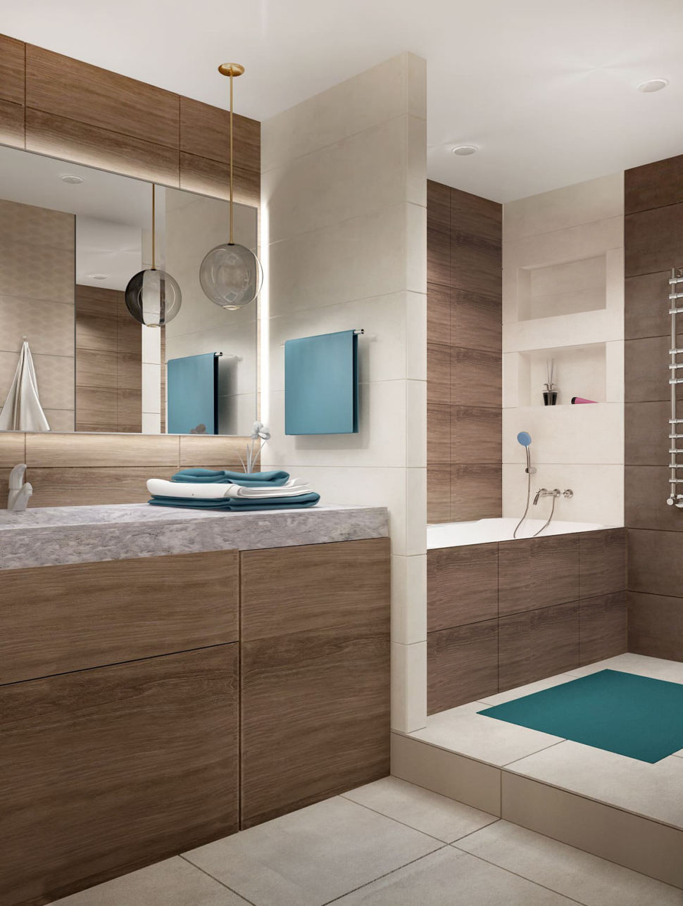 Дизайн интерьера ванной 7 кв.м в древесных тонах с шоколадными оттенками, зеркало, бежевая тумба, сушилка, раковина, душевая кабина