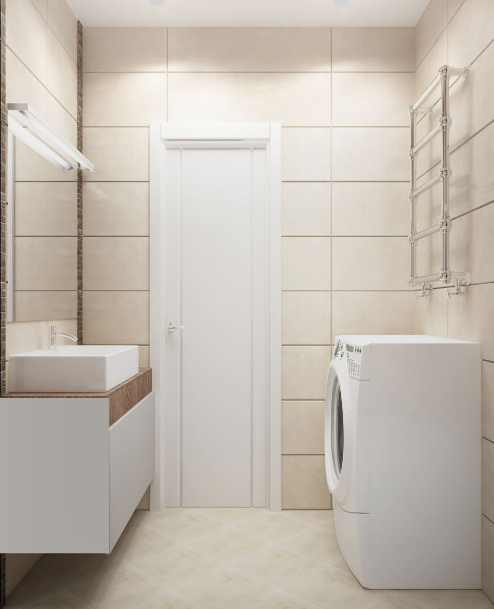 Визуализация ванной комнаты в белых тонах 3 кв.м, стиральная машинка, белая тумба, раковина, зеркало, сушилка