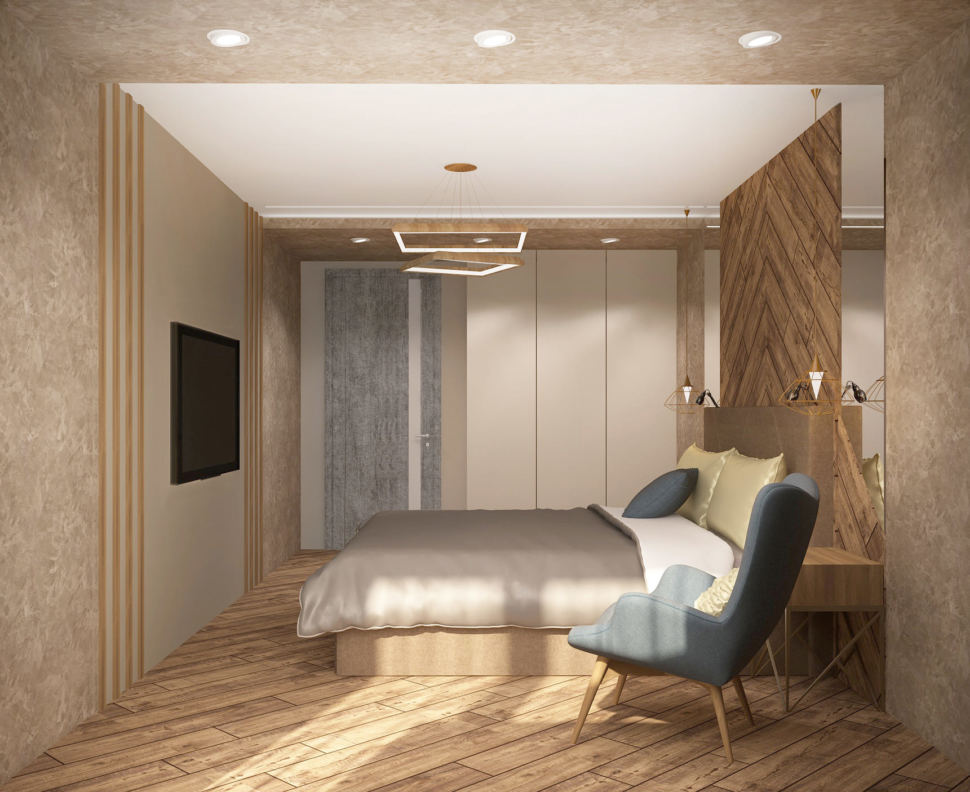 Дизайн-проект спальни в серых тонах 17 кв.м, бежевый ламинат, кровать, голубое кресло, телевизор, зеркало, белый шкаф, прикроватная тумбочка