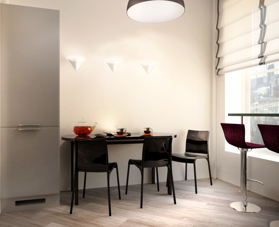 Проект кухни- гостиной 16 кв.м в светлых тонах с акцентами, темный кухонный гарнитур,барная стойка, стулья, мраморная столешница