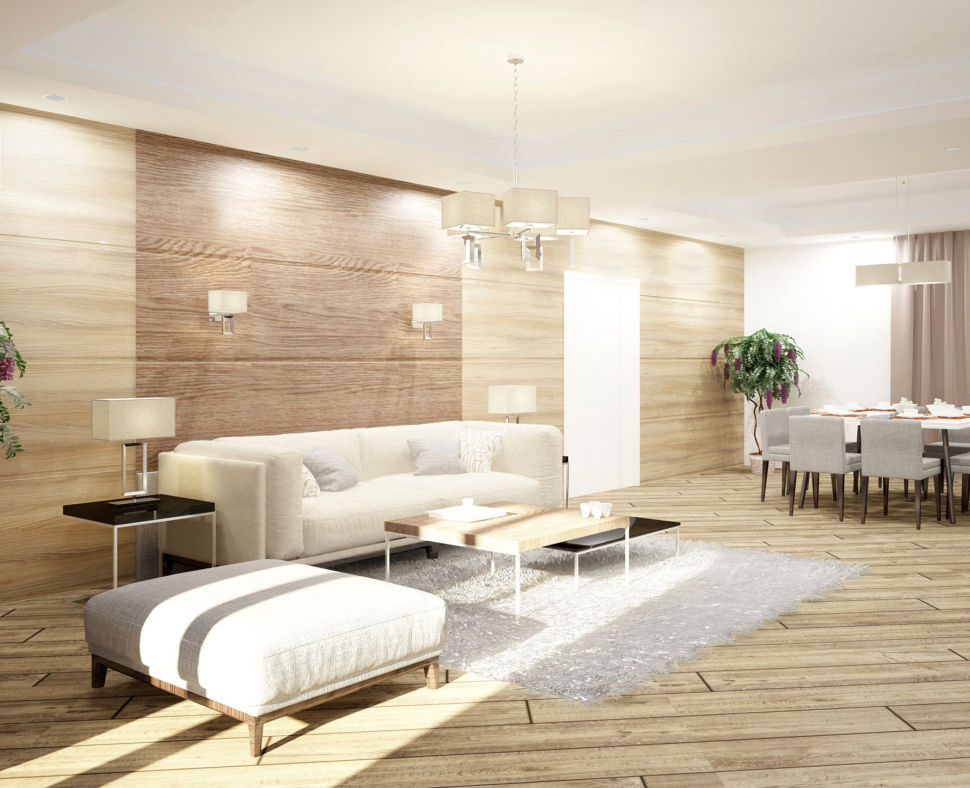 Дизайн гостиной 44 кв.м с текстурами дерева, диван, серая банкетка, журнальный столик, люстра, ковер, обеденный стол