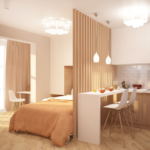 Проект комнаты 19 кв.м в теплых оттенках, белый кухонный гарнитур, барная стойка, барный стул, подвесные светильники, кровать, потолочные светильники