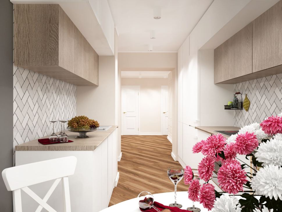 Дизайн-проект кухни 14 кв.м в белых и бежевых тонах, кухонный гарнитур, белые шкафы, потолочные светильники, стол