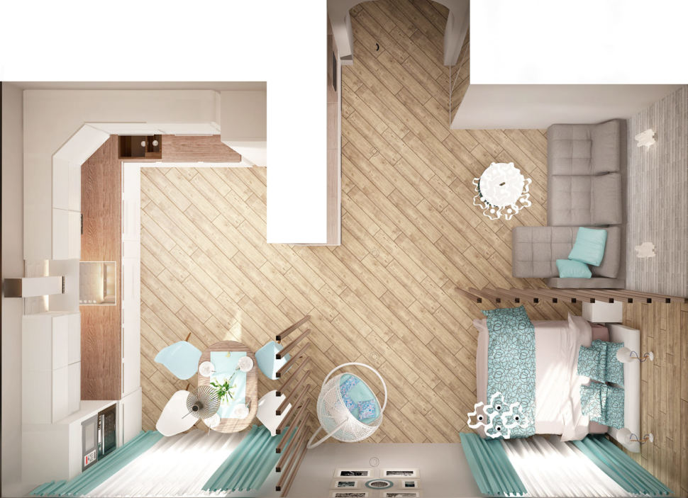 Дизайн спальни-гостиной 22 кв.м в песочных тонах с бирюзовыми оттенками, кровать, перегородка, серый диван, стол, кресло, кухонный гарнитур