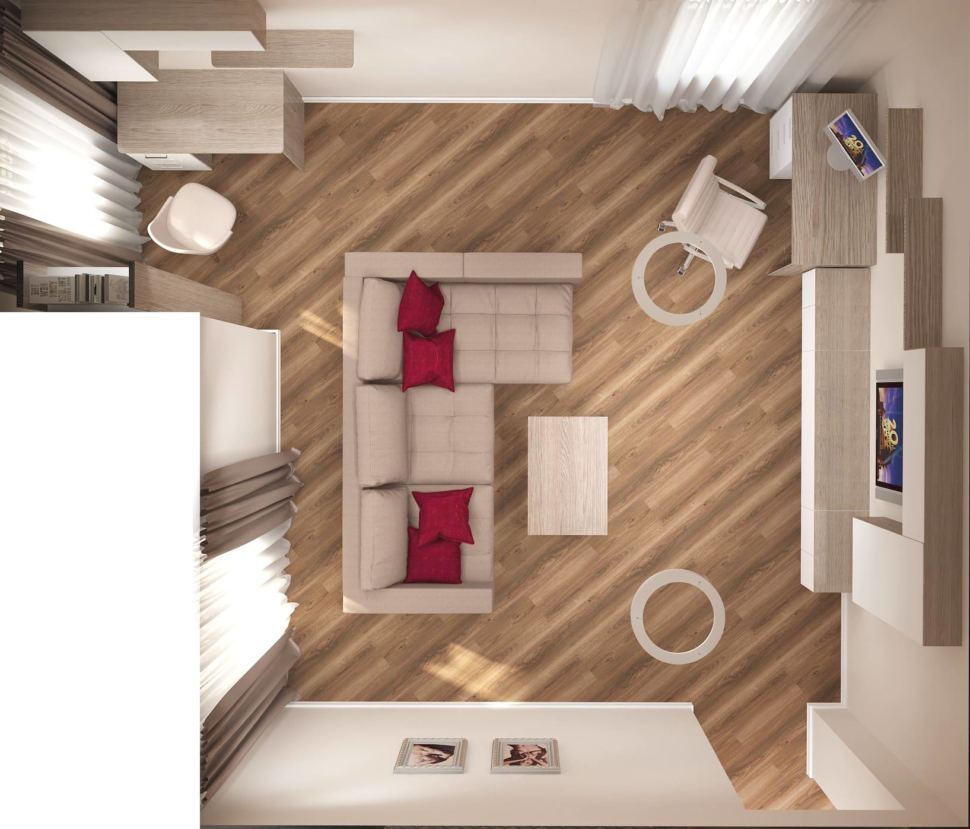 Визуализация гостиной 24 кв.м в древесных и красных тонах, бежевый диван, тумба под ТВ, журнальный столик, кресло, стол