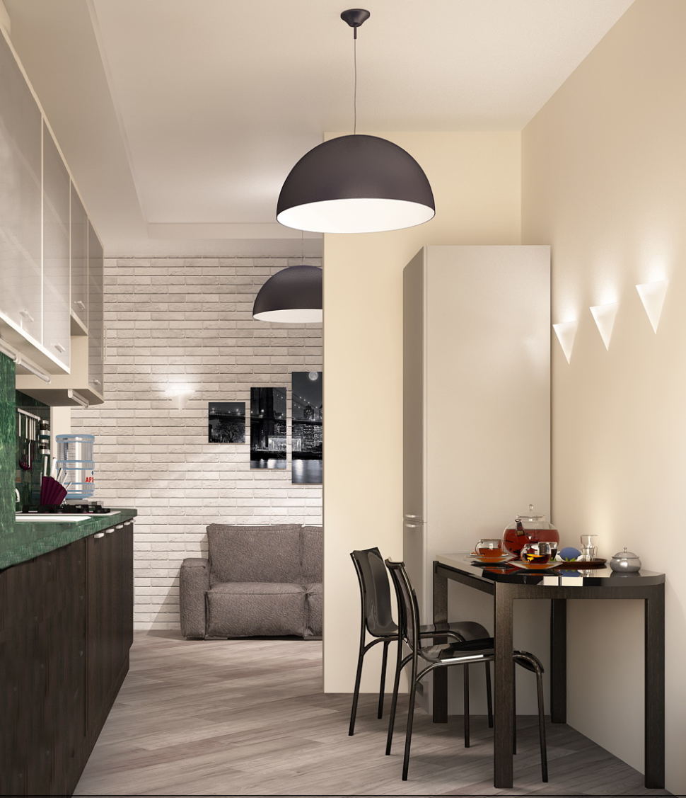Визуализация кухни- гостиной 16 кв.м в светлых тонах с акцентами, бежевая пвх плитка, серый диван, картина, декор, кирпич 