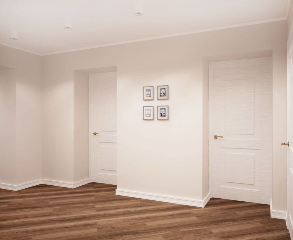 Интерьер коридора 14 кв.м в белых и древесных оттенках, темный ламинат, декор, белые потолочные светильники