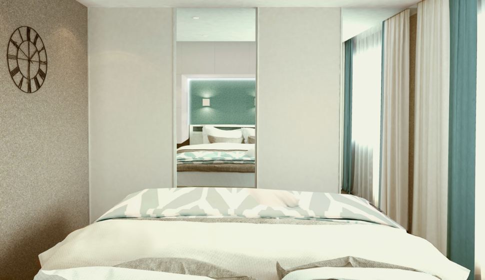 Гостиная - спальня 22 кв.м. в бежевых тонах с бирюзовыми оттенками, кровать, текстиль в песочных тонах,часы
