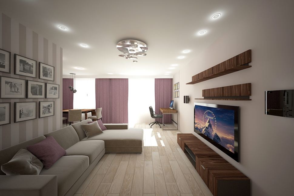 Интерьер гостиной 32 кв.м в светлых тонах с акцентами, фиолетовые портьеры, бежевый диван, декор, обои, стол, тумба под ТВ