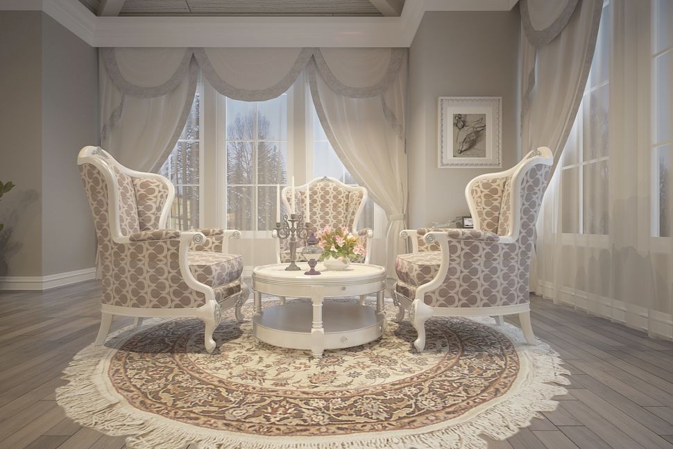Дизайн спальни в классическом стиле, мансарда, портьеры, столик, кресло, ковер, люстра, декор, молдинг, потолочный плинтус
