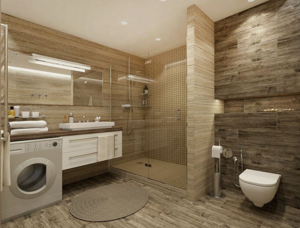 Дизайн - проект ванной 9 кв. м. в бежевых тонах,зеркало, тумба под раковину, душевая, подвесной унитаз