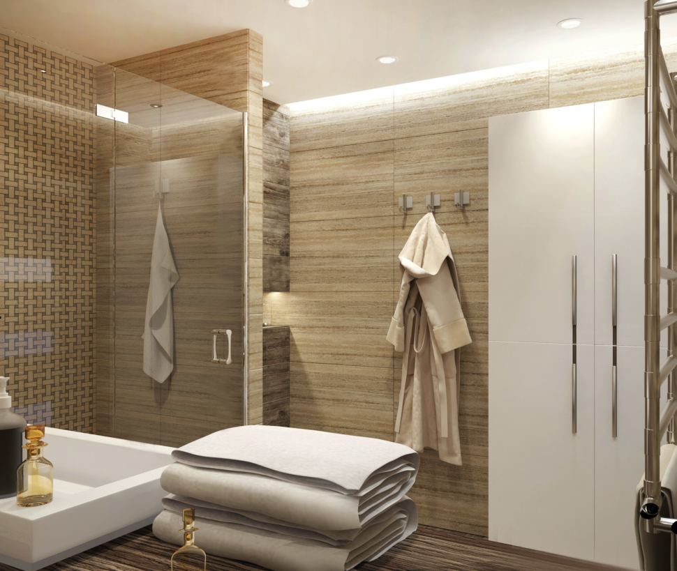 Дизайн ванной комнаты 9 кв. м. в насыщенных бежевых оттенках, шкаф белый, керамическая плитка под песчаник