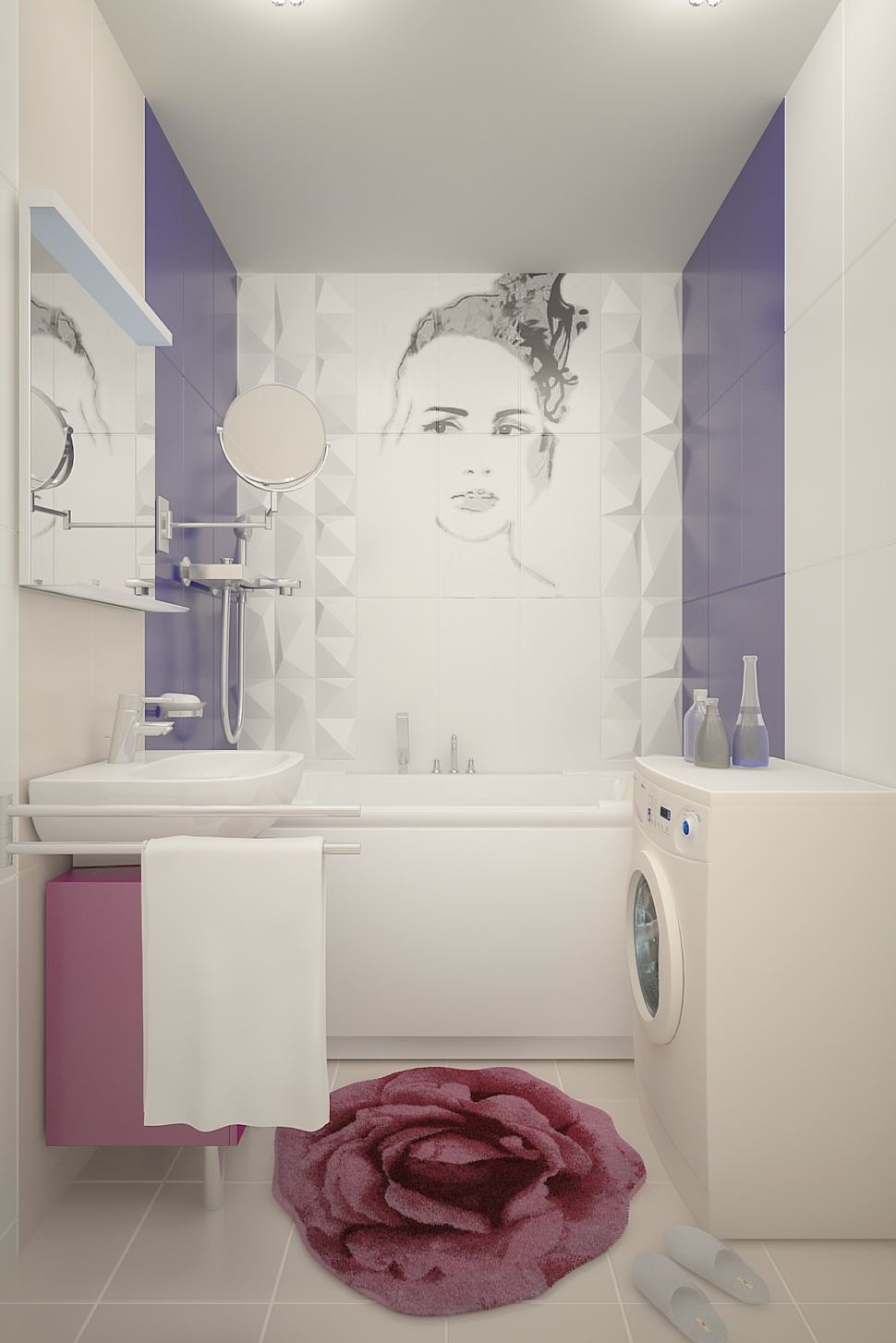 Визуализация ванной комнаты 3 кв.м, портрет, керамическая плитка, фиолетовый цвет, мойка, стиральная машина