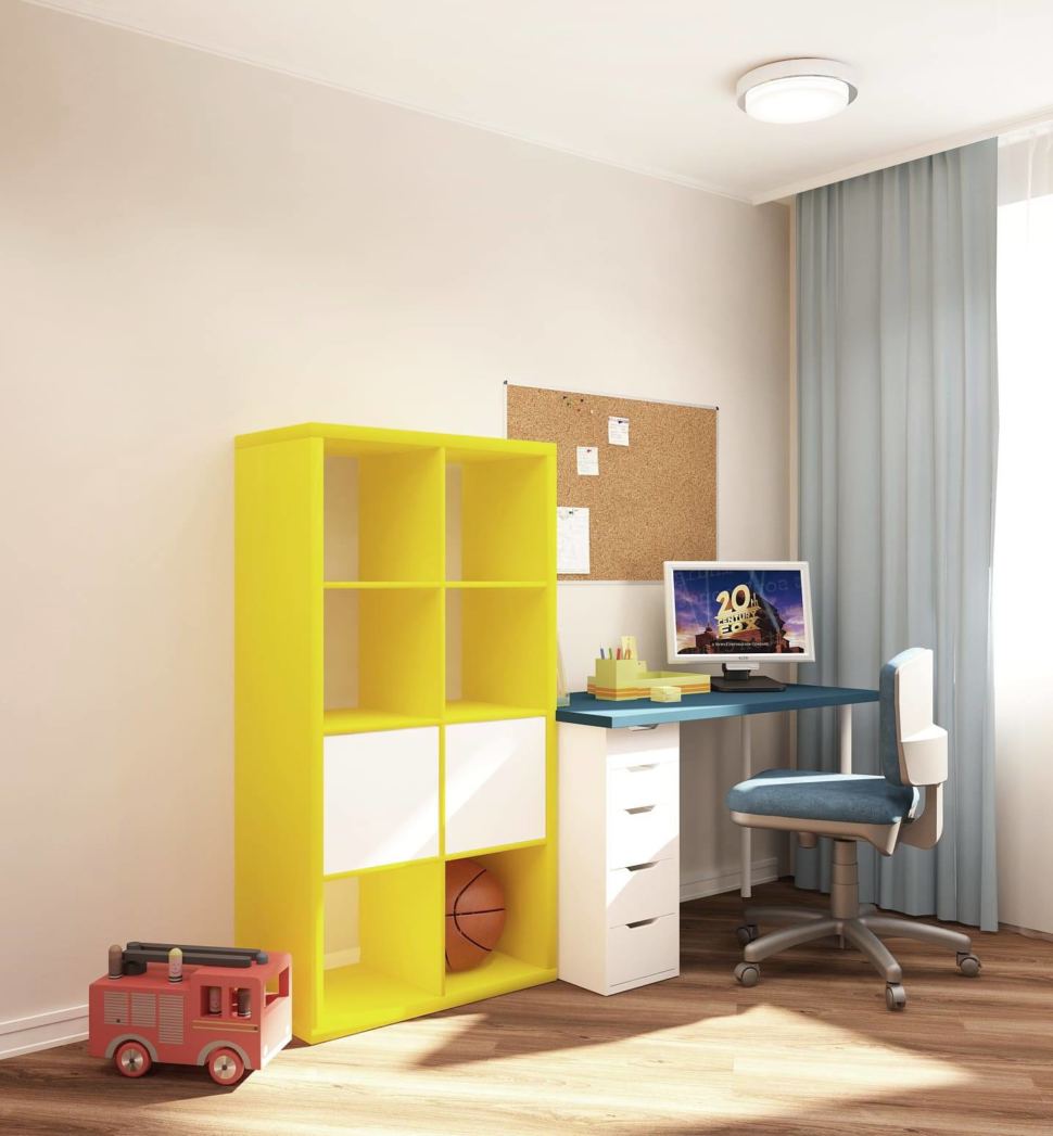 Визуализация детской комнаты 18 кв.м в бежевых и синих тонах, синие портьеры, стол, желтый стеллаж, кресло, ламинат, светильники