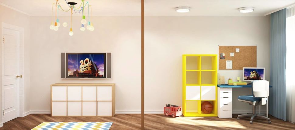 Визуализация детской комнаты 18 кв.м в желтых и синих тонах, белая тумба под ТВ, стеллаж, стол, стул, люстра