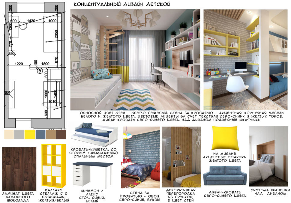 Концептуальный дизайн детской 18 кв.м, ламинат, желтый стеллаж, кровать, синий диван, люстра, стол, кресло