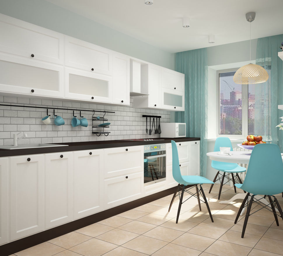 Дизайн-проект кухни 11 кв.м в голубых тонах, белый кухонный гарнитур, белый обеденный стол, стулья