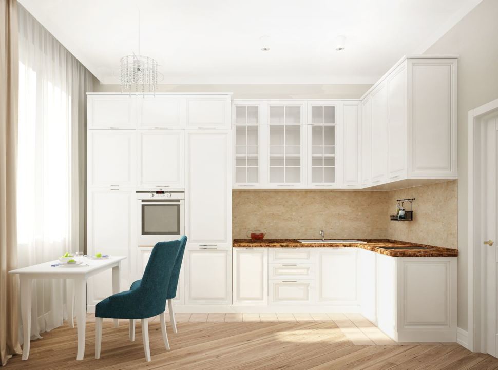 Дизайн-проект кухни 12 кв.м в древесных и белых тонах, духовой шкаф, кухонный гарнитур, обеденный стол, холодильник