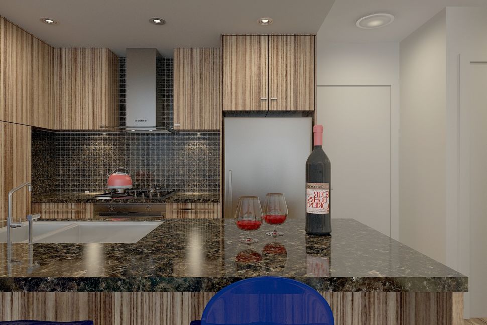 Визуализация кухни 34 кв.м в светлых тонах с акцентными текстурами дерева, столешница, кухонный гарнитур, фартук
