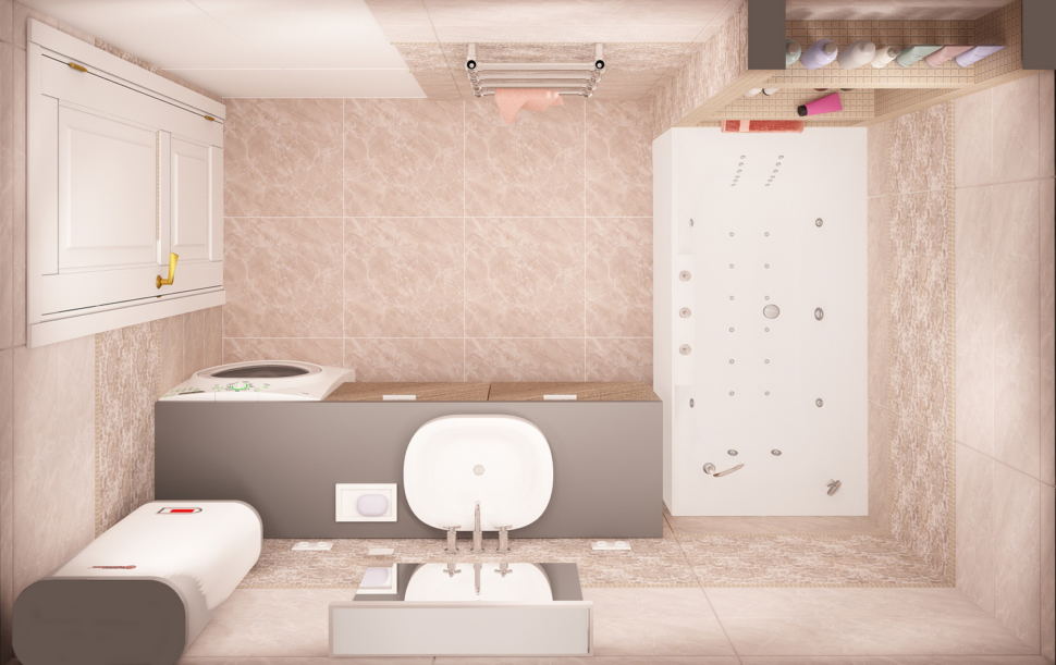 Интерьер ванной комнаты 6 кв.м в бежевых тонах, стиральная машинка, керамическая плитка, тумба под дерево, ванна, раковина